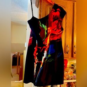Bisou Bisou black one shoulder dress with color splash size large